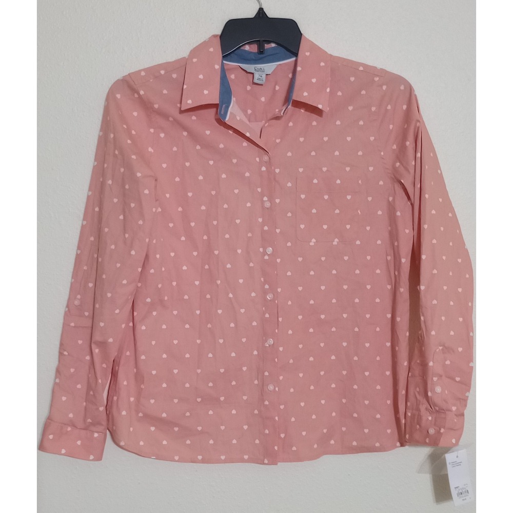 Croft & Barrow Pink Heart Print Classic Shirt Petite Medium NWT Roll Tab Sleeves